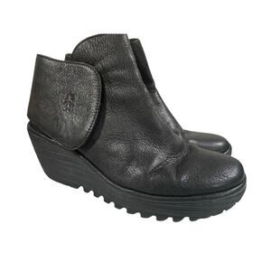 Fly London Textured Black Wedge Booties